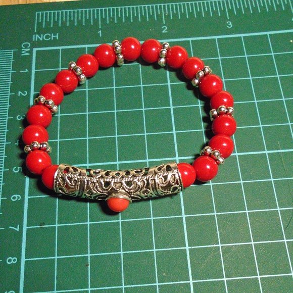 NWOT Red opaque Glass beads filigree Antique silver ornate tube w cabochon 2/$25 - Picture 5 of 5